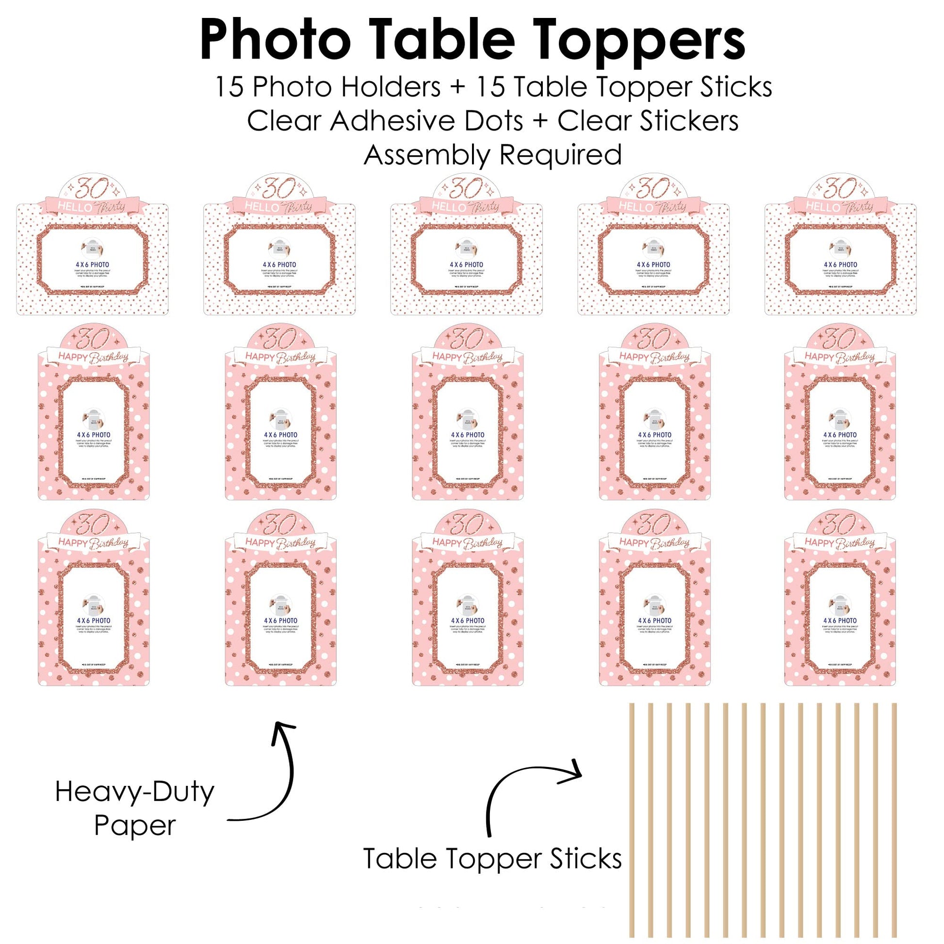 Big Dot of Happiness 30th Pink Rose Gold Birthday - Happy Birthday Party Picture Centerpiece Sticks - Photo Table Toppers - 15 Pieces