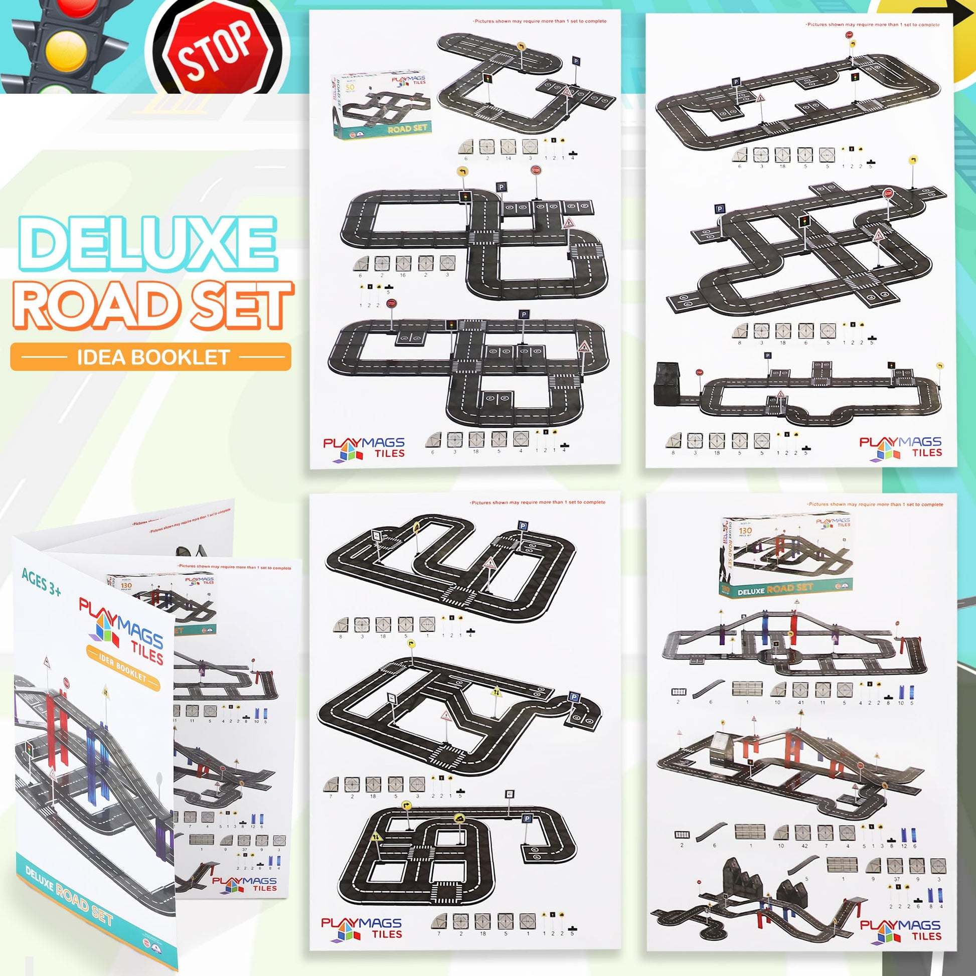 Playmags Magnetic Tiles Road Set for Kids - 130-Pieces Magnet Building Blocks Toy - Durable Creative STEM Learning Toys with Curved & Straight Car