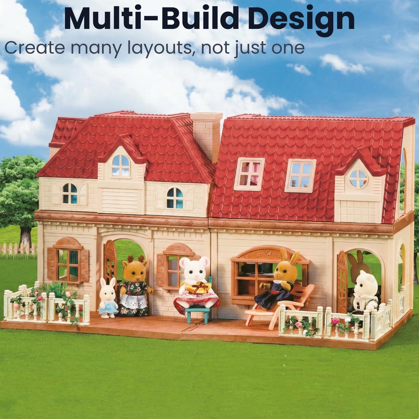 OLEOCA Family Grand Doll House - Light-Up 2-Story Cozy Cabin with Furniture & Bunny Figure, Complete Dollhouse Playset for Creative Pretend Play, Gift