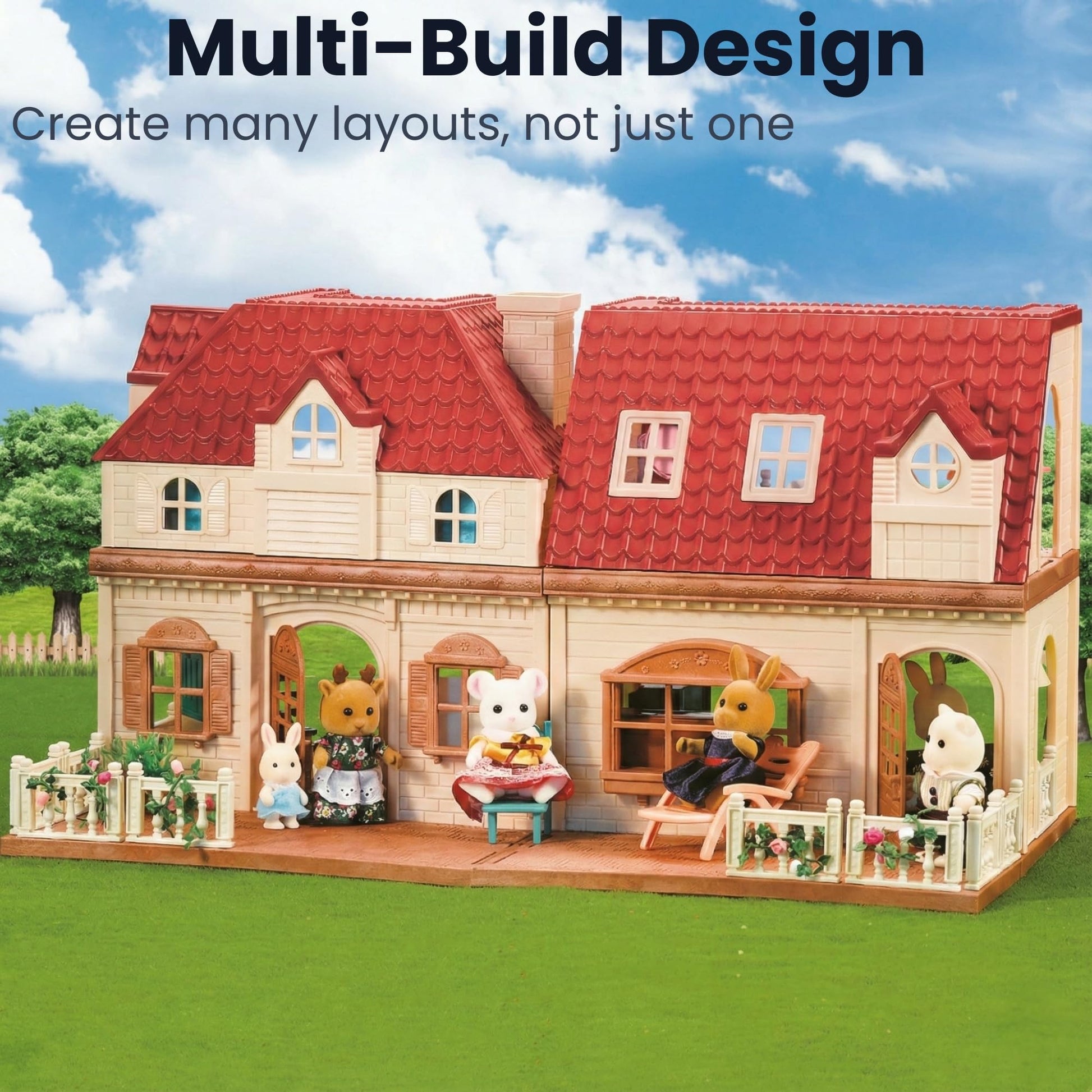 OLEOCA Family Grand Doll House - Light-Up 2-Story Cozy Cabin with Furniture & Bunny Figure, Complete Dollhouse Playset for Creative Pretend Play, Gift