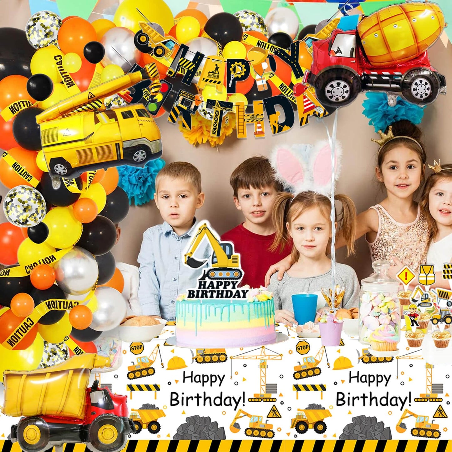 51 Pcs Construction 2nd Birthday Party Supplies Dump Truck Two Years Old Tablecloth Paper Plates Napkins Forks Dinnerware for Construction 2nd