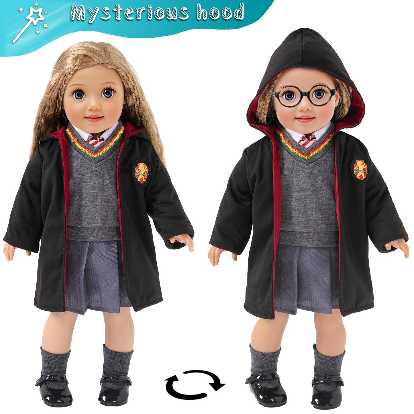 ebuddy 18 Inch Doll Clothes 10Pcs Magical School Outfit, Doll Costume with Wand & Glasses, Gift for Girls (No Doll)