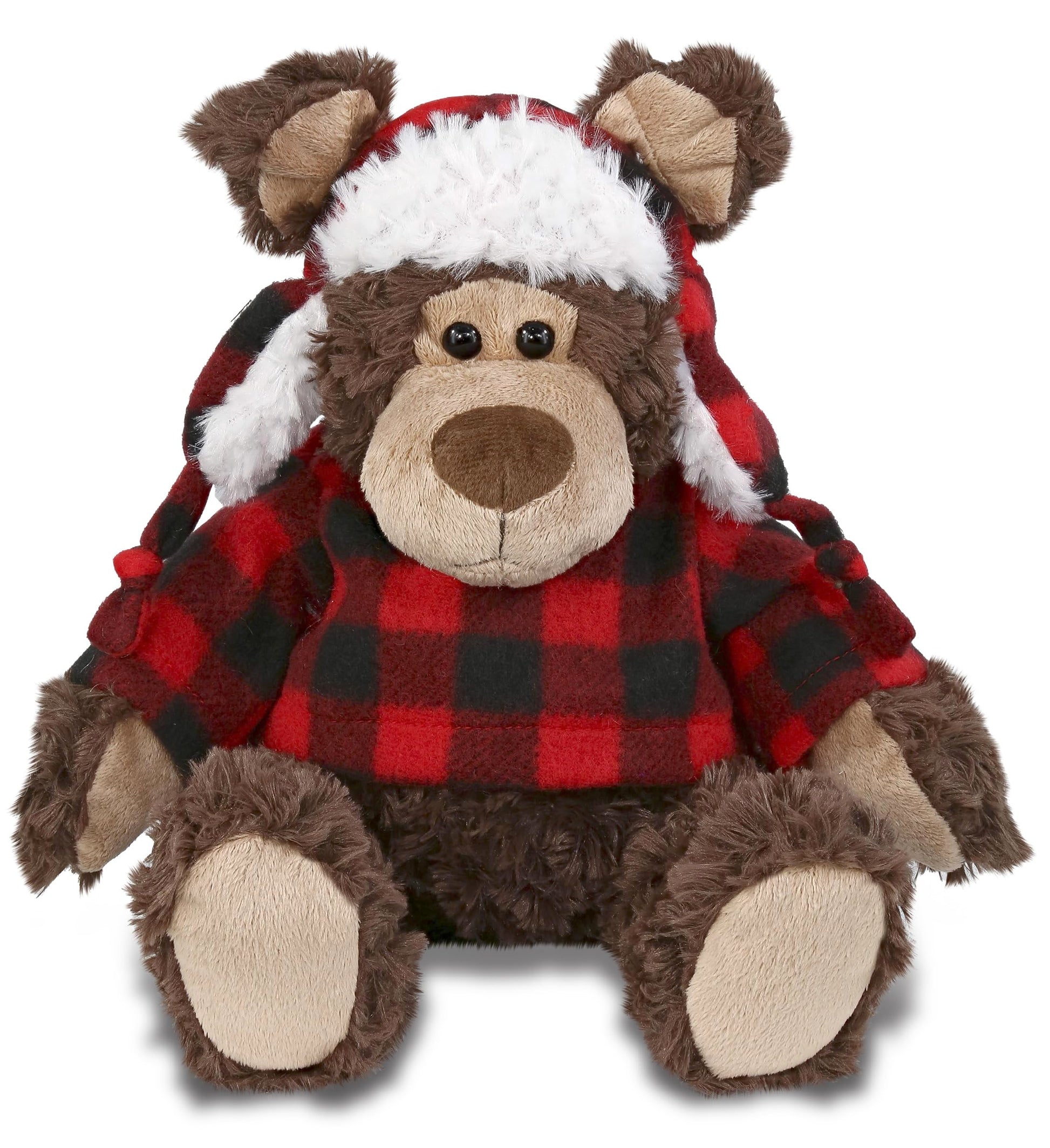 DolliBu Super Soft Plush Red Plaid Outfit Grizzly Bear - Adorable Playtime Zoo Bear Plush with Clothes, Cute Cuddle Gift - 9 Inches