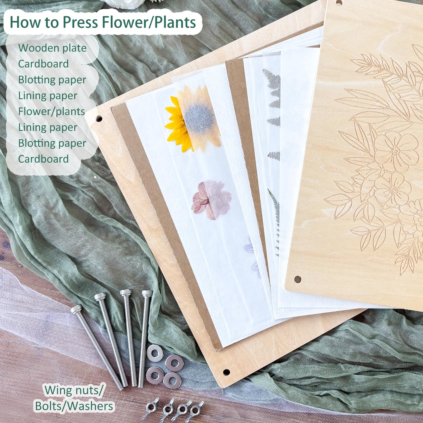 KAXYEW Large Flower Press Kit, 11"x11" Wooden Flowers Pressing Boards with Storage Bag, DIY Pressed Flowers Art - Fridge Magnet Bookmark Art Craftst