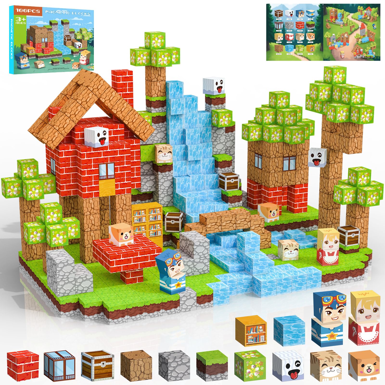 Crifeton Magnetic Blocks 100 PCS Magnetic Building Blocks, 3+ STEM Montessori Sensory Toys, Magnetic Cube for for 3 4 5 6 7 8 9 10 11 12 8-12 Years