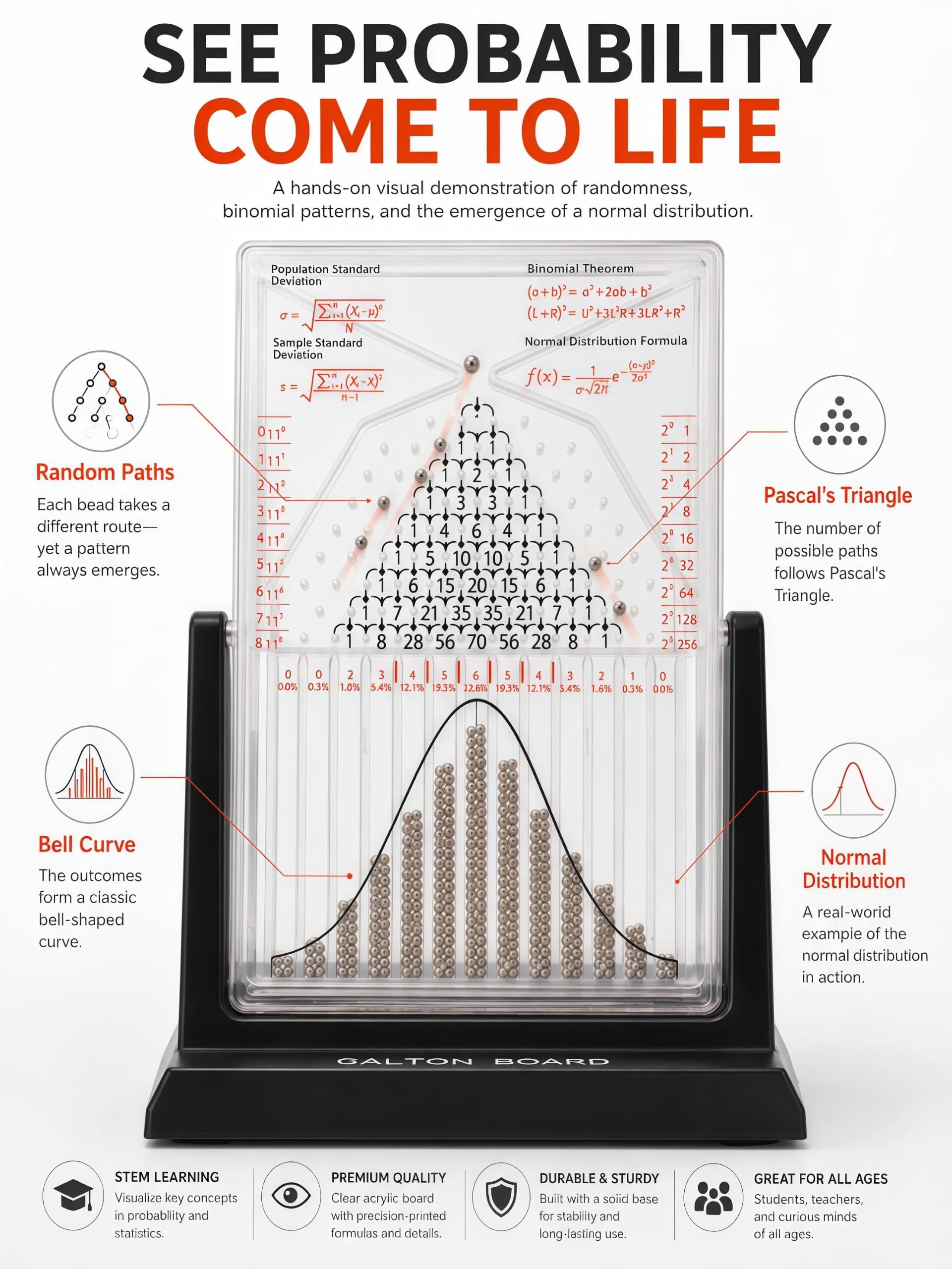 Galton Board | Probability & Statistics STEM Learning Kit for Physics Classrooms | Hands-On Math Teaching Aid with 2800 Steel Beads | Teacher