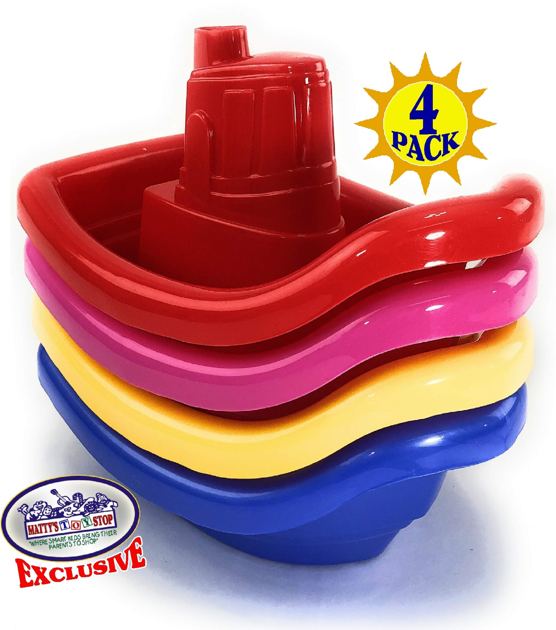 Matty's Toy Stop Plastic Nesting/Stacking Tug Boats (11") Red, Blue, Pink & Yellow Gift Set Bundle, Perfect for Bath, Pool, Beach Etc. - 4 Pack
