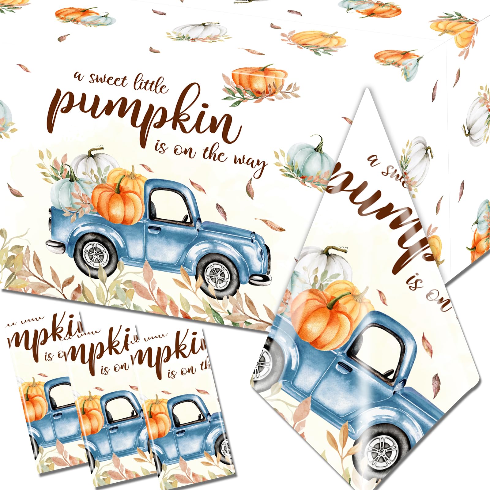 Juweked 3Pcs Pumpkin Tablecloth,A Sweet Little Pumpkin is On The Way Decorations,Fall Blue Baby Shower Tablecloth for Boy Birthday Party Disposable
