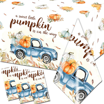 Juweked 3Pcs Pumpkin Tablecloth,A Sweet Little Pumpkin is On The Way Decorations,Fall Blue Baby Shower Tablecloth for Boy Birthday Party Disposable