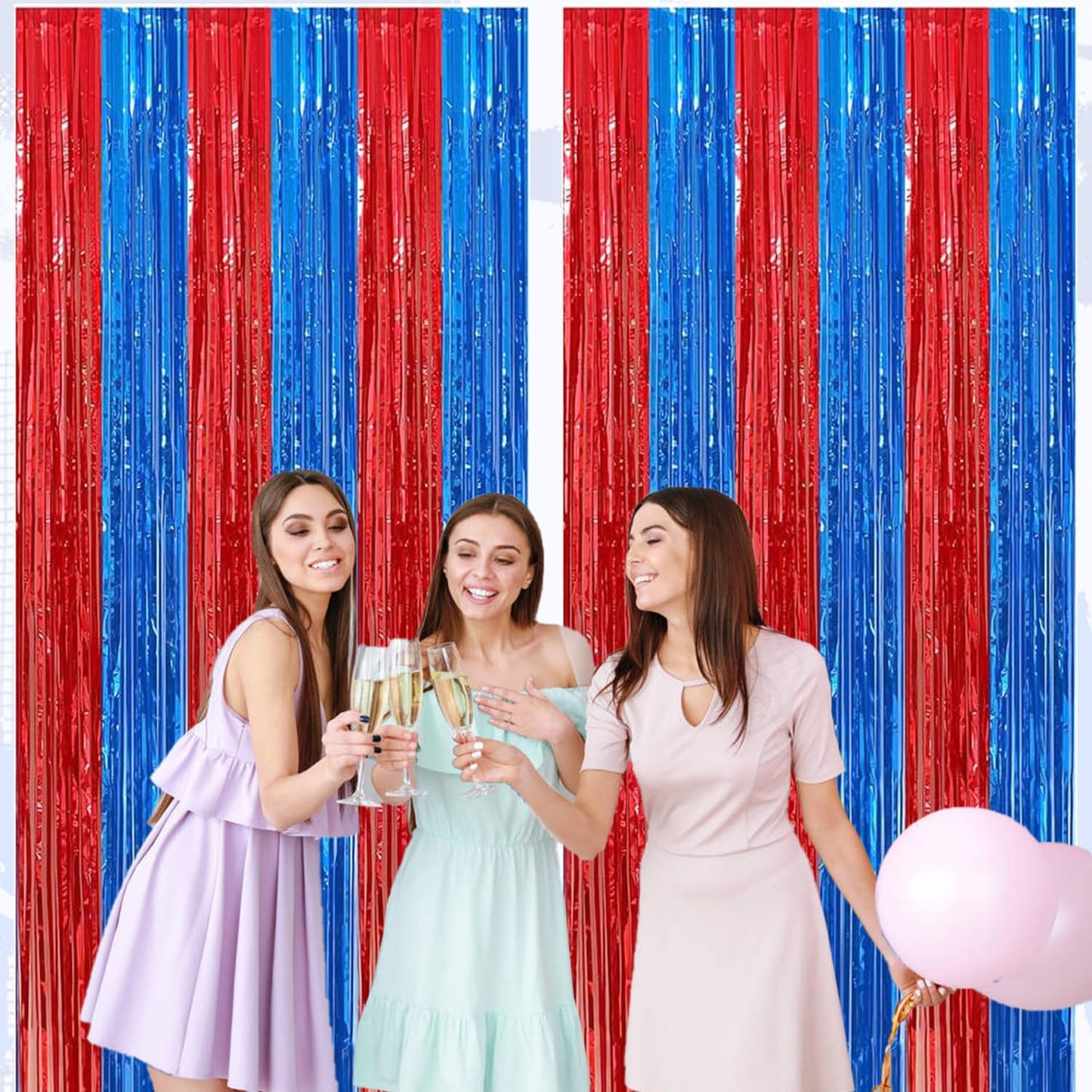 4 Pack Red and Blue Foil Fringe Curtains Backdrops 3.3x6.6 ft