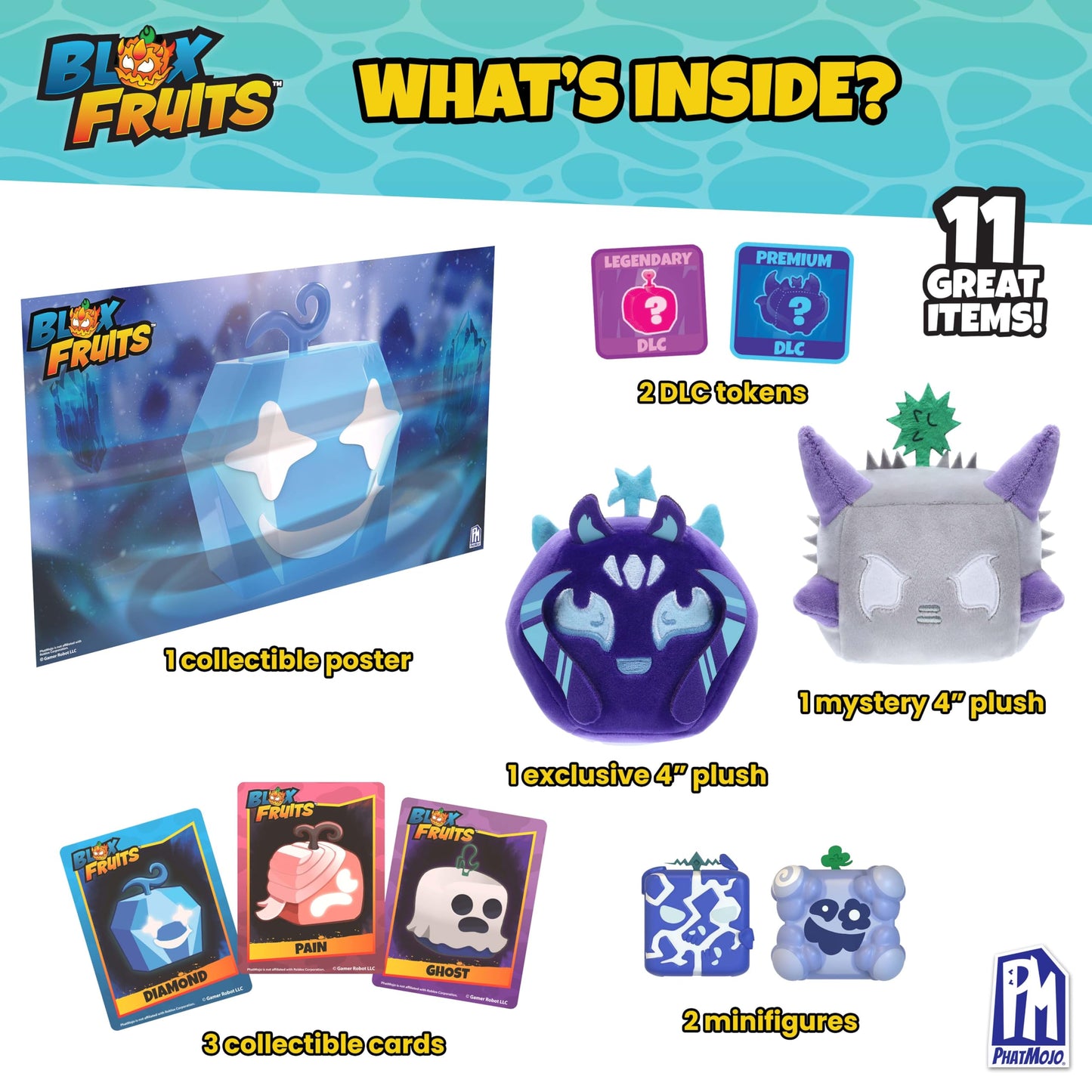 PhatMojo Blox Fruits Diamond Collector Bundle - 11-Piece Set with 2 Plush Figures, 2 Minifigures, 3 Cards, Poster & 2 DLC Tokens