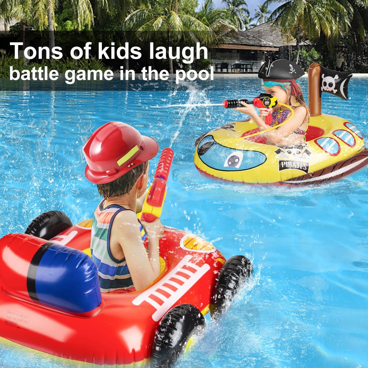 2 Pack Inflatable Kids Pool Floats with Water Gun, Pool Toys for Kids Ages 4-8, Blow Up Toddler Pool Floats, Swimming Pool Game Toys, Fire Truck