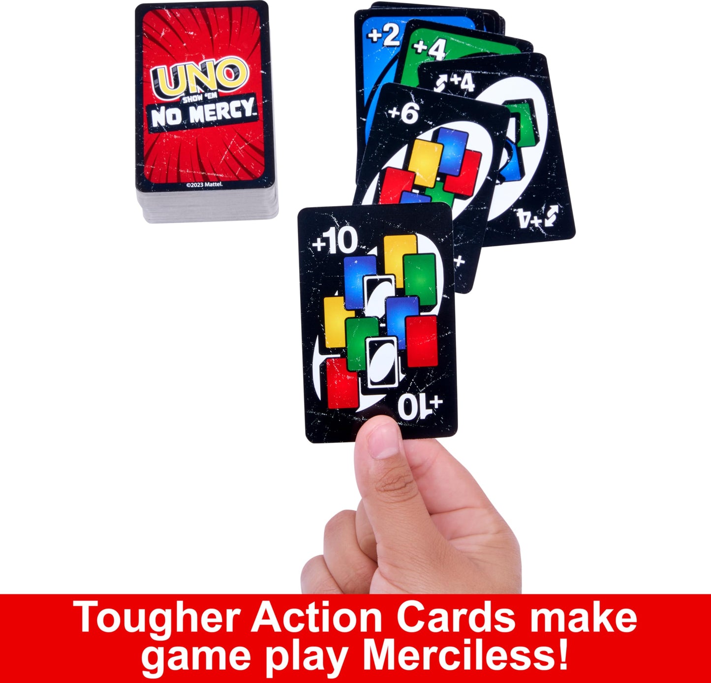 Mattel Games UNO Show ‘em No Mercy Card Game in Storage & Travel Tin for Kids, Adults & Family Night with Extra Cards, Special Rules & Tougher
