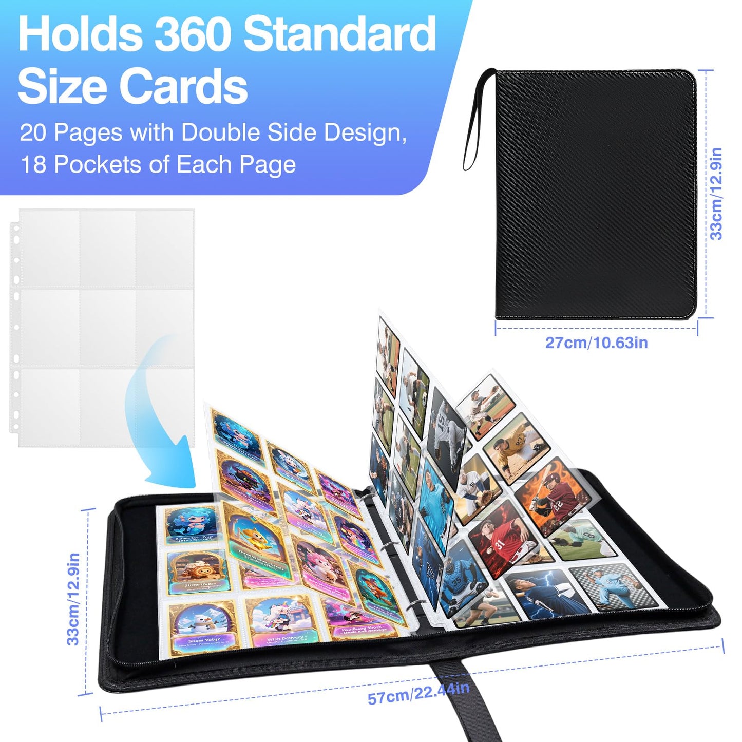 360 Pockets Binder Card Sleeves Double-Sided 9 Pocket Trading Card Pages for 3 Ring Binder, Clear Plastic Pages Sleeves for Sport Cards, Business