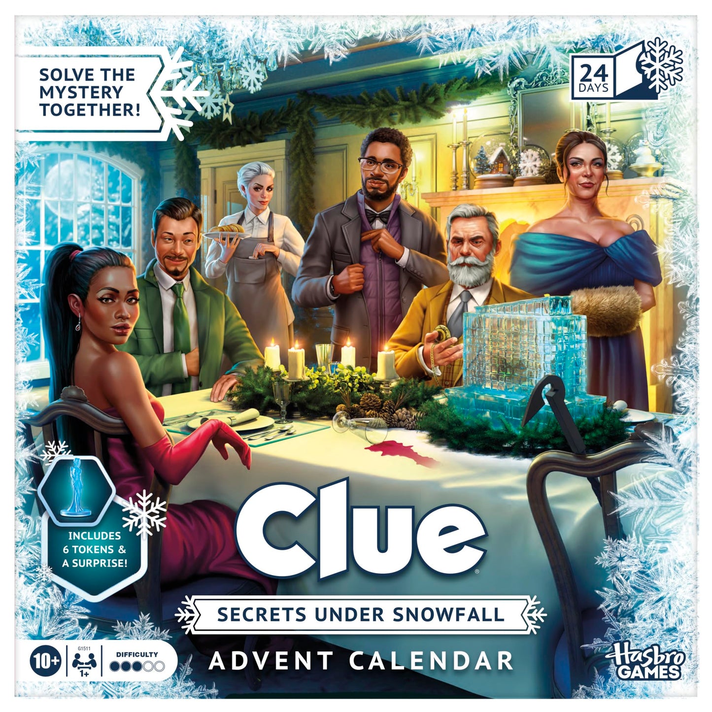 Clue Advent Calendar: Secrets Under Snowfall | 24 Days | Family Mystery Games | with 6 Winter-Themed Tokens and Surprise | Ages 10+ | 1+ Players