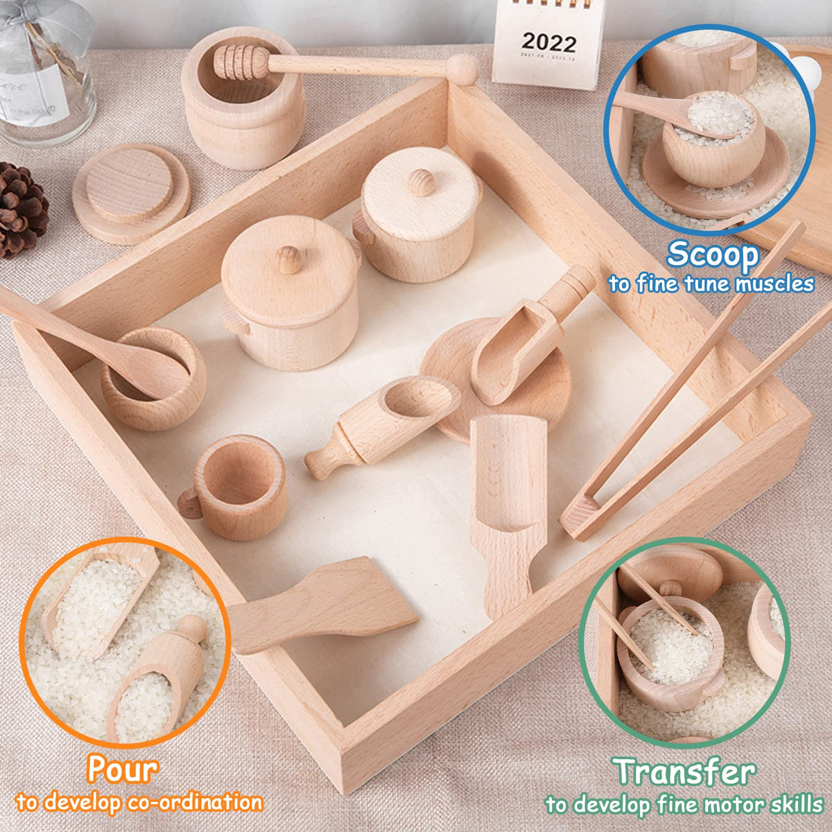 Montessori Sensory Bin Tools Toy with Wooden Box for Toddlers, Pretend Play Dish Toys Wooden Bowls Scoop Tongs Transfer Work Pouring Set, Kids Fine