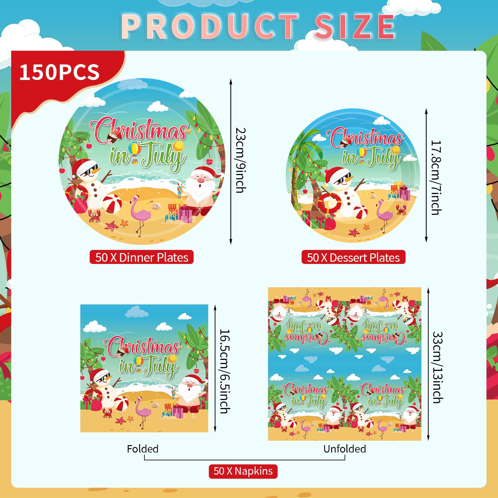 150Pcs Christmas in July Plates and Napkins - Merry Christmas Dinner Dessert Paper Plates Napkins Tableware Set for Hawaiian Beach Summer Xmas