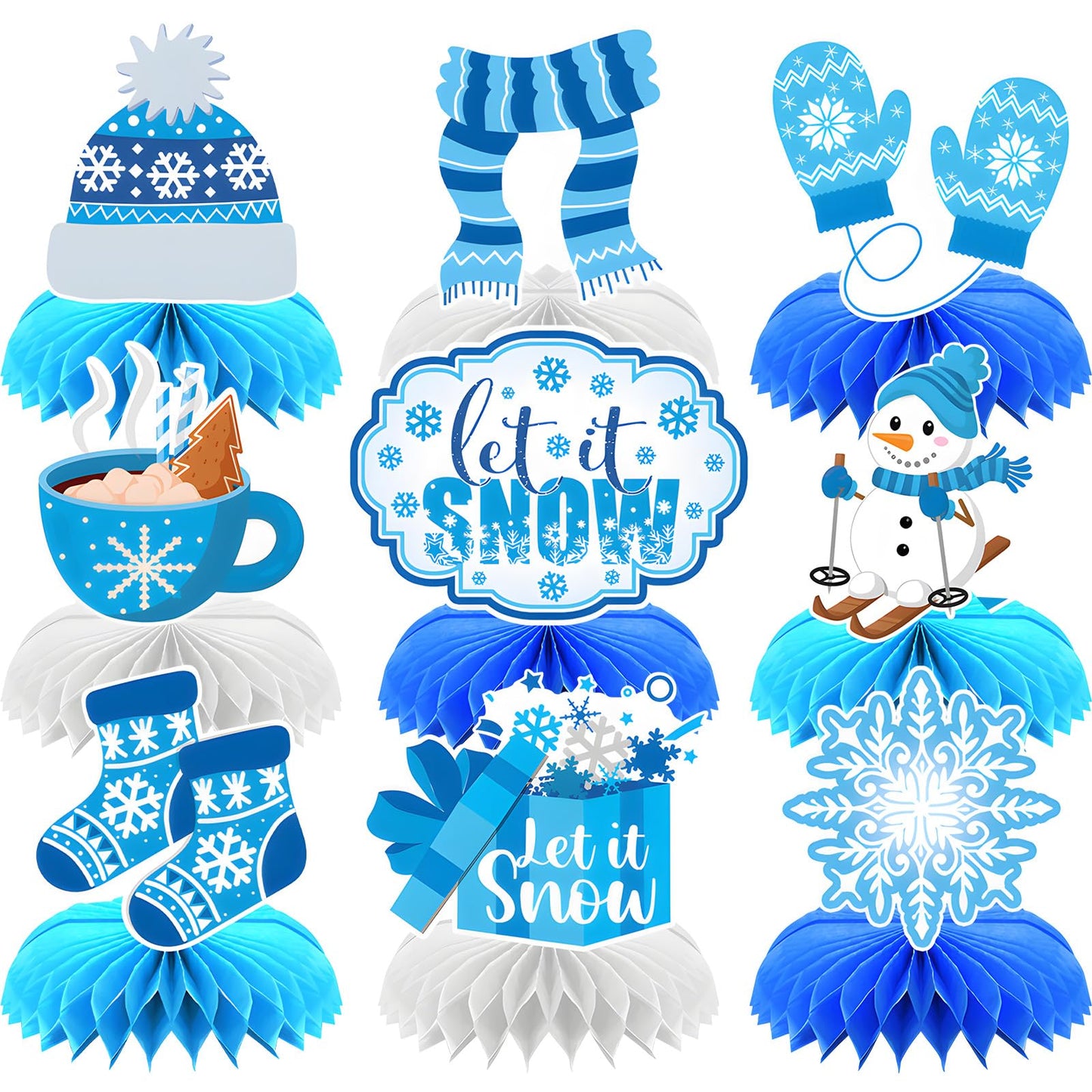 9 Pieces Winter Honeycomb Centerpieces - Let It Snow Table Decorations with Snowman, Snowflake, Hat, Scarf, Mittens, Hot Cocoa, Socks, and Gift Box