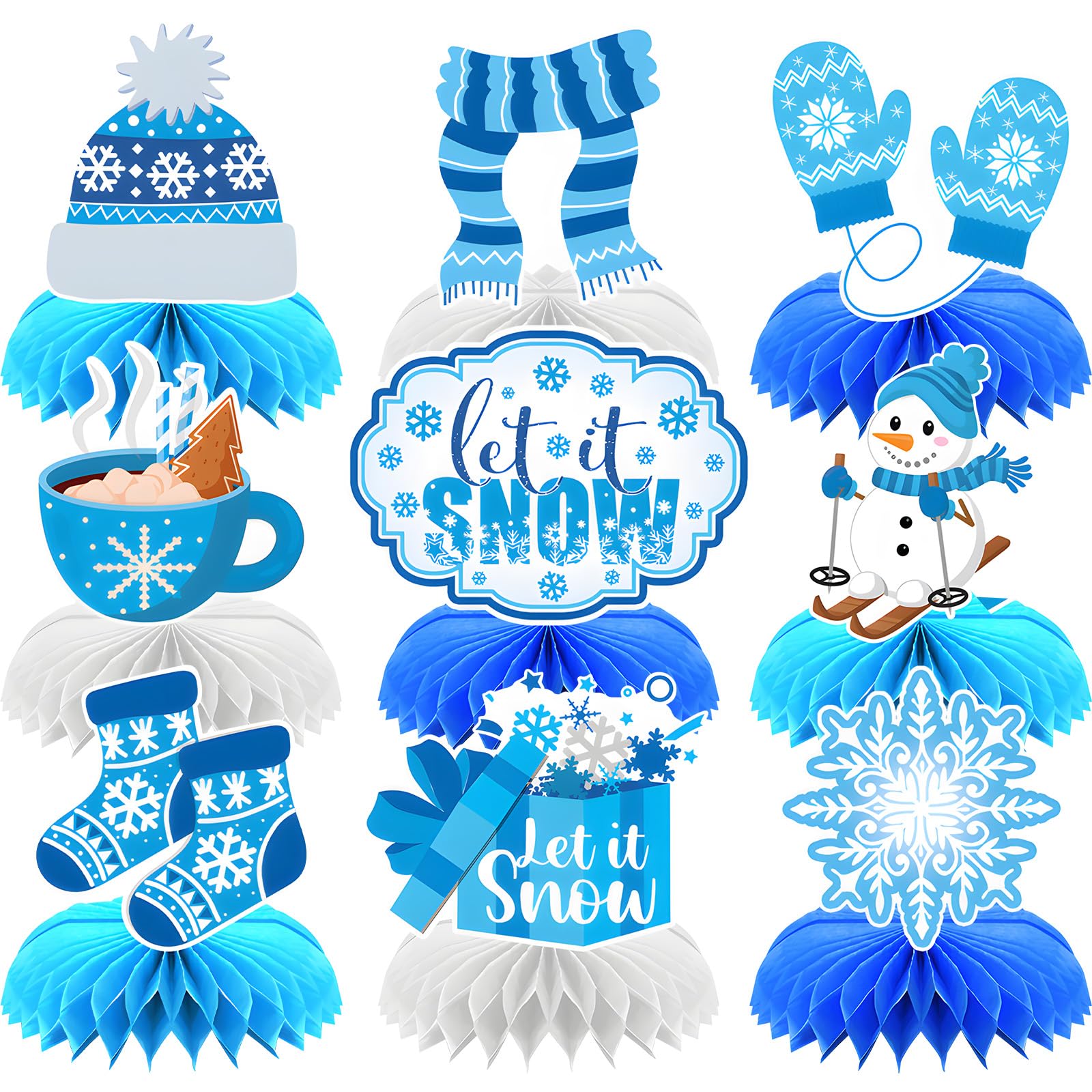 9 Pieces Winter Honeycomb Centerpieces - Let It Snow Table Decorations with Snowman, Snowflake, Hat, Scarf, Mittens, Hot Cocoa, Socks, and Gift Box