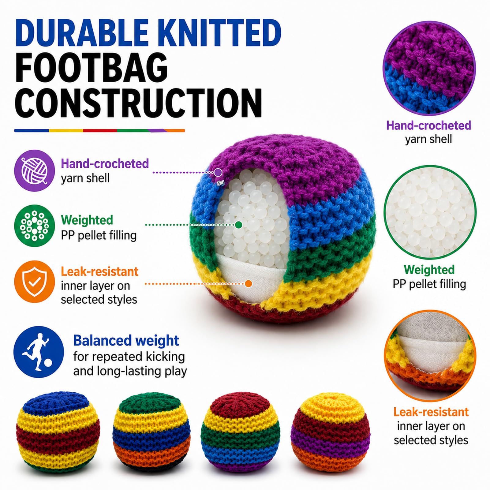 HEJUYUYANG Handmade Crocheted Footbag Pack of 4 Durable Knit Kick Bags, Soft Woven Juggling Balls for Coordination Training, Outdoor Play, Party Games