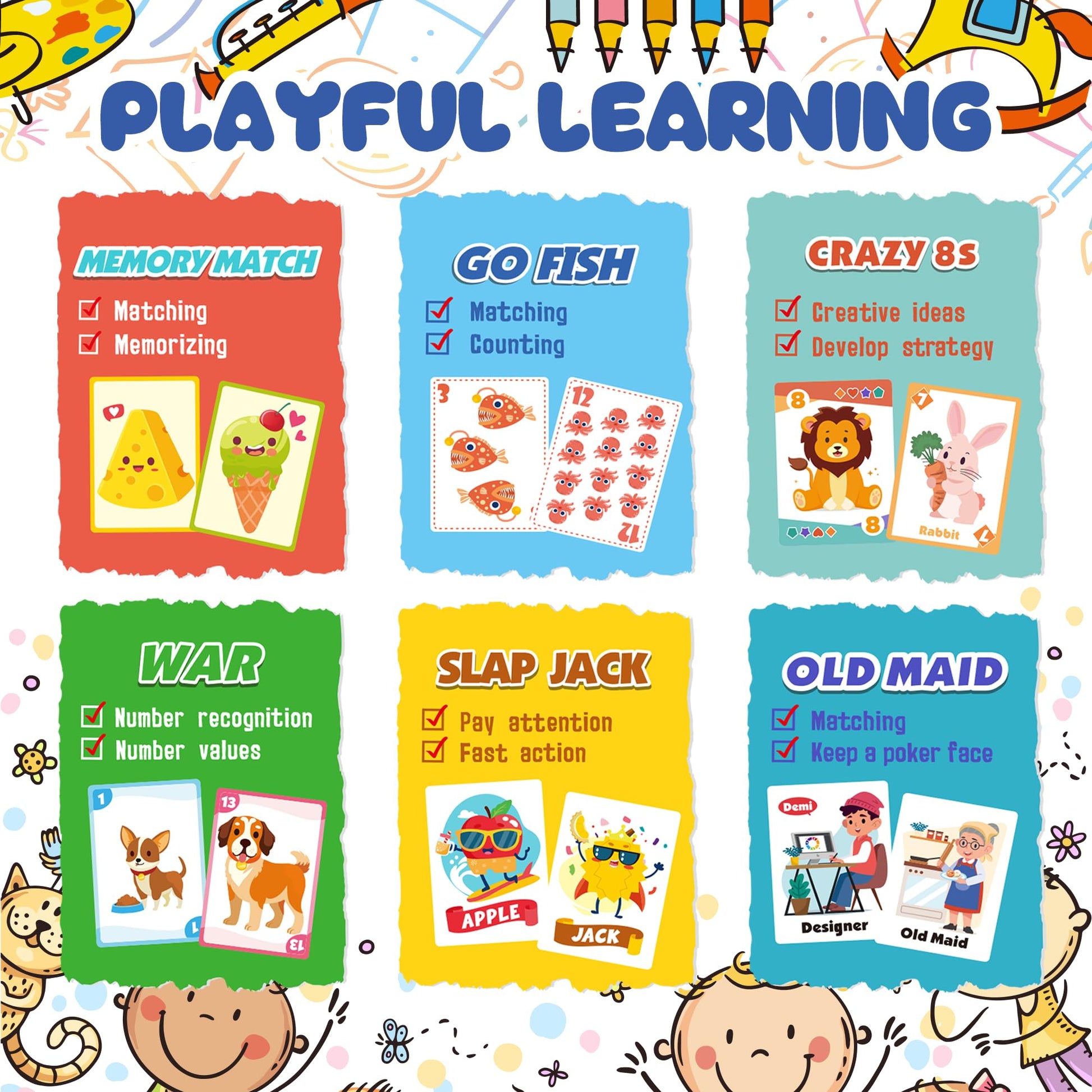 GSE Games & Sports Expert 6-in-1 Kids Card Games Set: Go Fish, Old Maid, Crazy Eights, Memory Match, Slap Jack, War | Poker Size for Toddlers, Boys