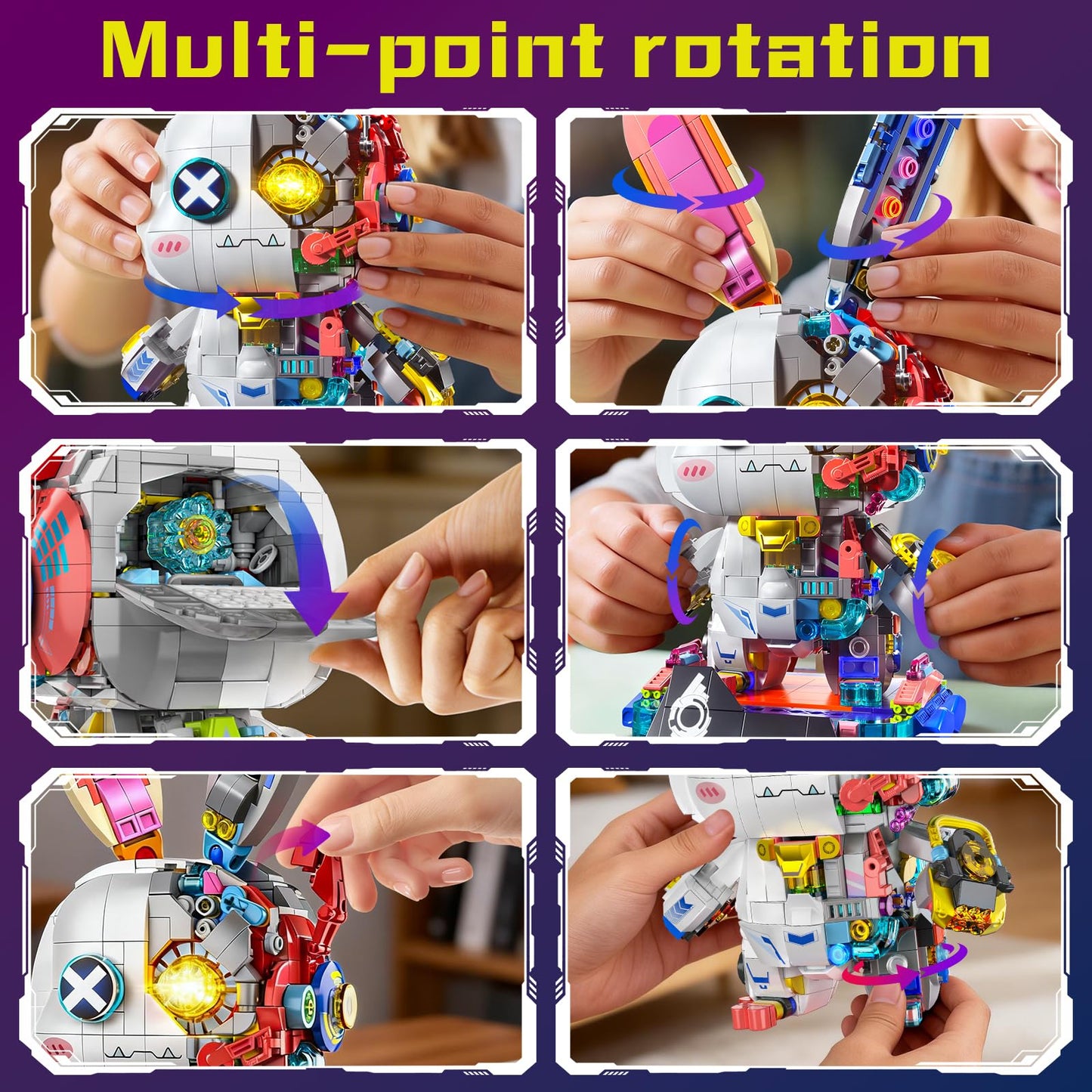 Mechanical Bunny Action Figure Toy Building Set 1377PCS Cyber Style Animal Collection Model Kit Creative Rabbit Toys with Lights&Display Stand Home