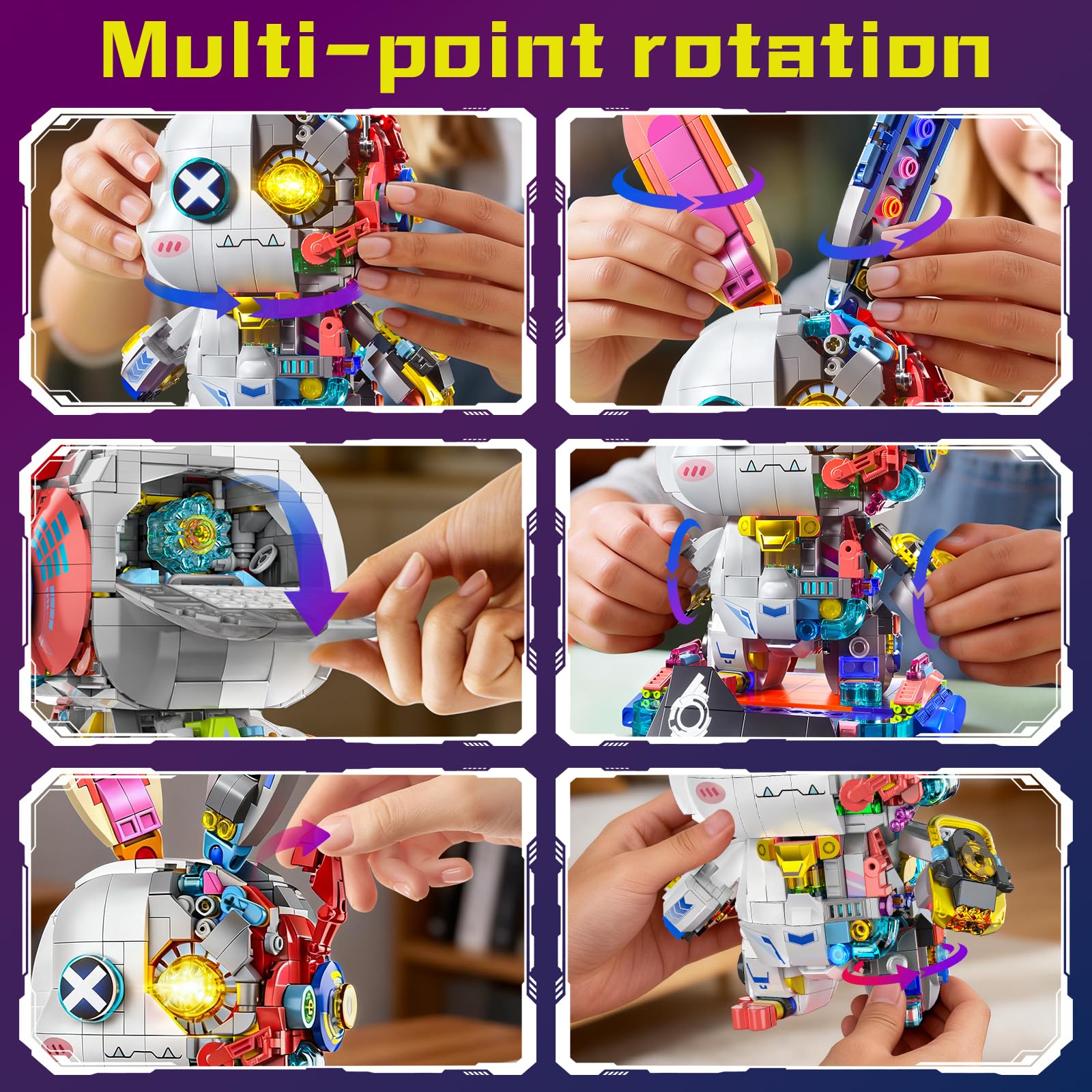 Mechanical Bunny Action Figure Toy Building Set 1377PCS Cyber Style Animal Collection Model Kit Creative Rabbit Toys with Lights&Display Stand Home