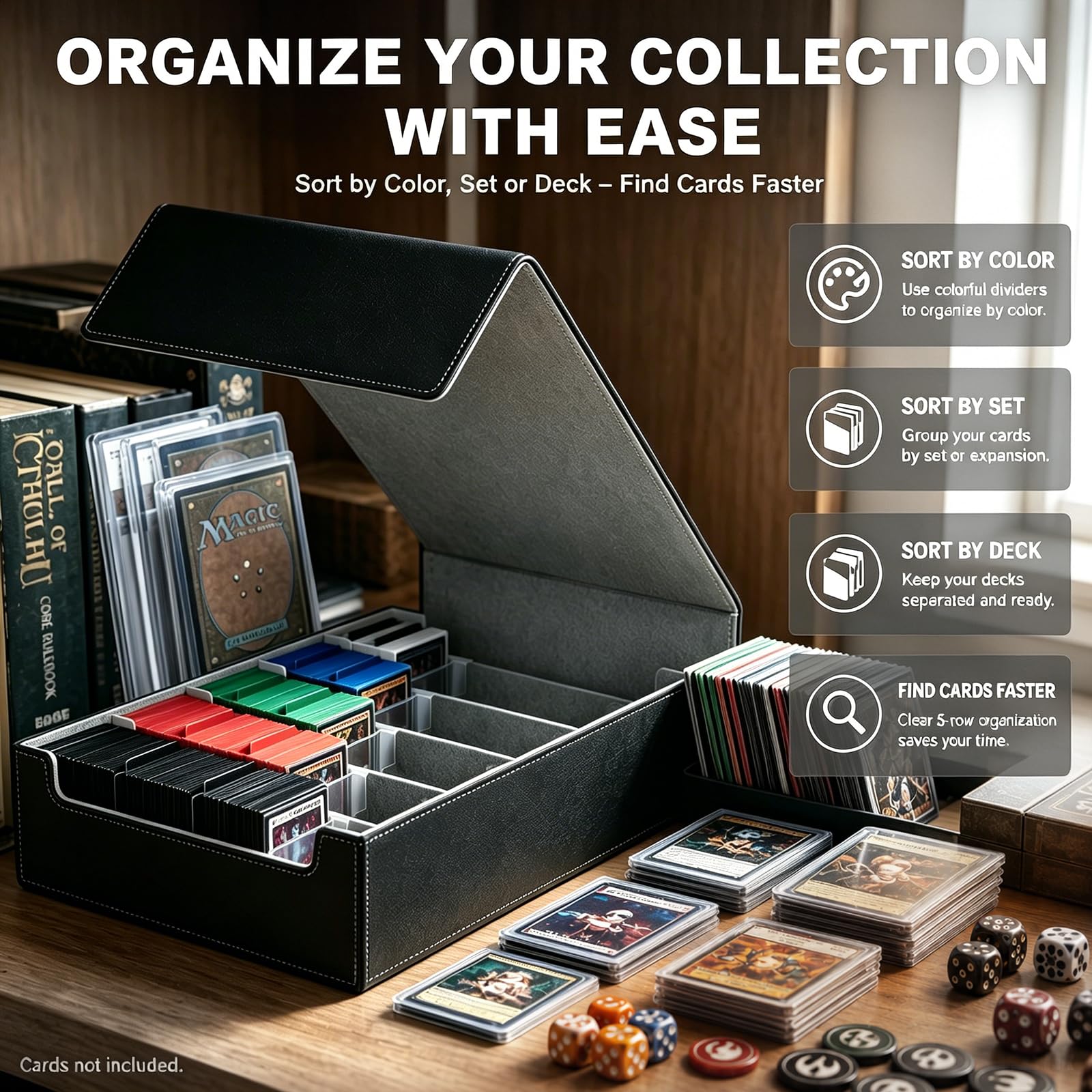 ArtBoutiq 5-Row Trading Card Storage Box, Large Capacity TCG Card Organizer with 24 Colorful Dividers & 5 Card Stoppers, PU Leather Card Storage Case