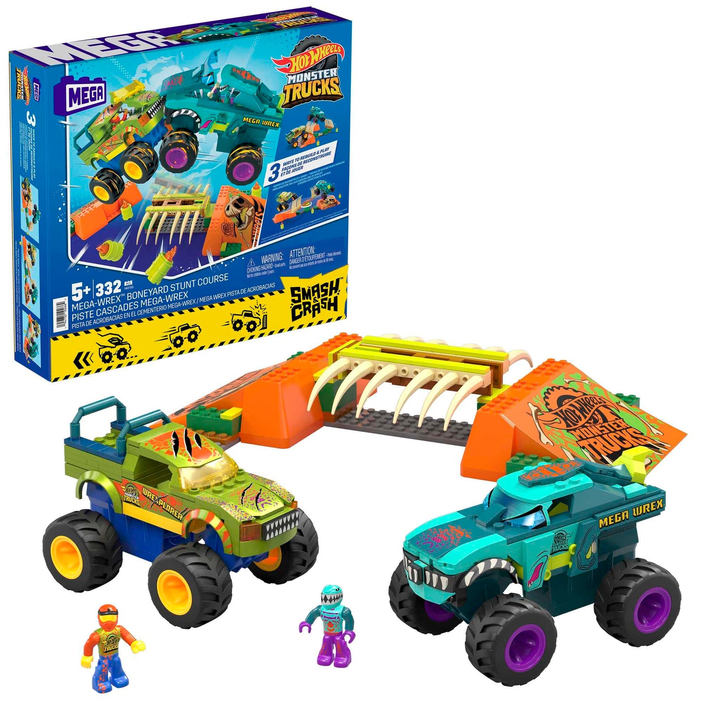 MEGA Hot Wheels Monster Trucks Building Toy, Smash & Crash Mega-Wrex Boneyard Stunt Course with 332 Pieces, 2 Figures and 2 Ramps, Kids Age 5+ Years