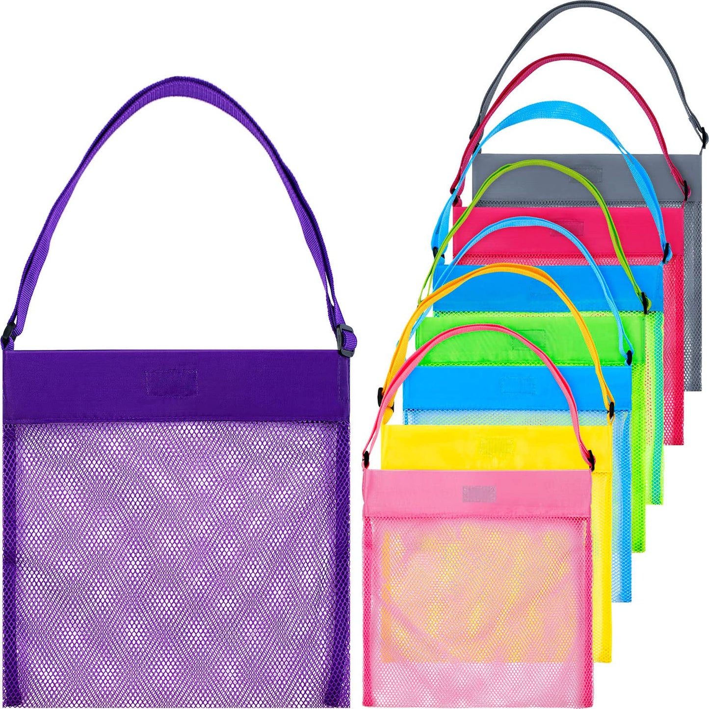 meekoo 8 Pcs 11.4 x 13.8 inch Colorful Mesh Beach Bags Seashell Collecting Bags with Adjustable Carrying Straps for Beach Shell Treasure Toy Storage