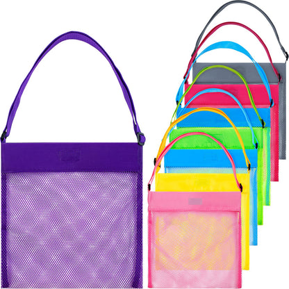 meekoo 8 Pcs 11.4 x 13.8 inch Colorful Mesh Beach Bags Seashell Collecting Bags with Adjustable Carrying Straps for Beach Shell Treasure Toy Storage