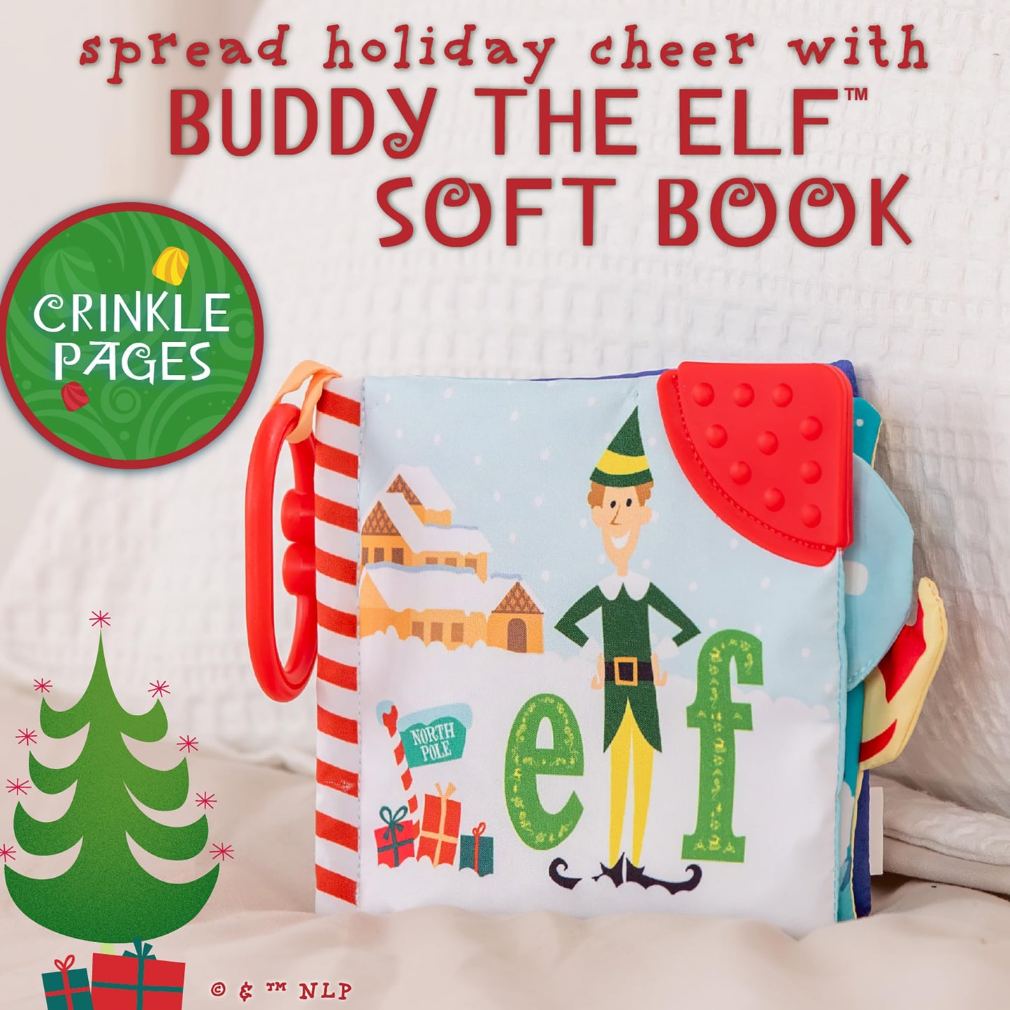 Kids Preferred Elf Soft Book - Peek-a-Boo Flap, Crinkle, BPA Free Teether Corner, On-The-Go Clip, Colorful Pages, Ages 0 Months and up, 5 in