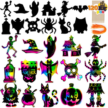 JOYIN 120 Pcs Halloween Rainbow Scratch Art Crafts for Kid, Halloween Party Favors, Scratch Off Paper with 18 Designs for Party Supplies, Classroom