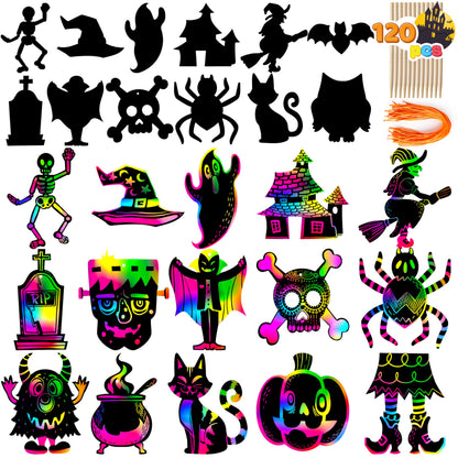 JOYIN 120 Pcs Halloween Rainbow Scratch Art Crafts for Kid, Halloween Party Favors, Scratch Off Paper with 18 Designs for Party Supplies, Classroom