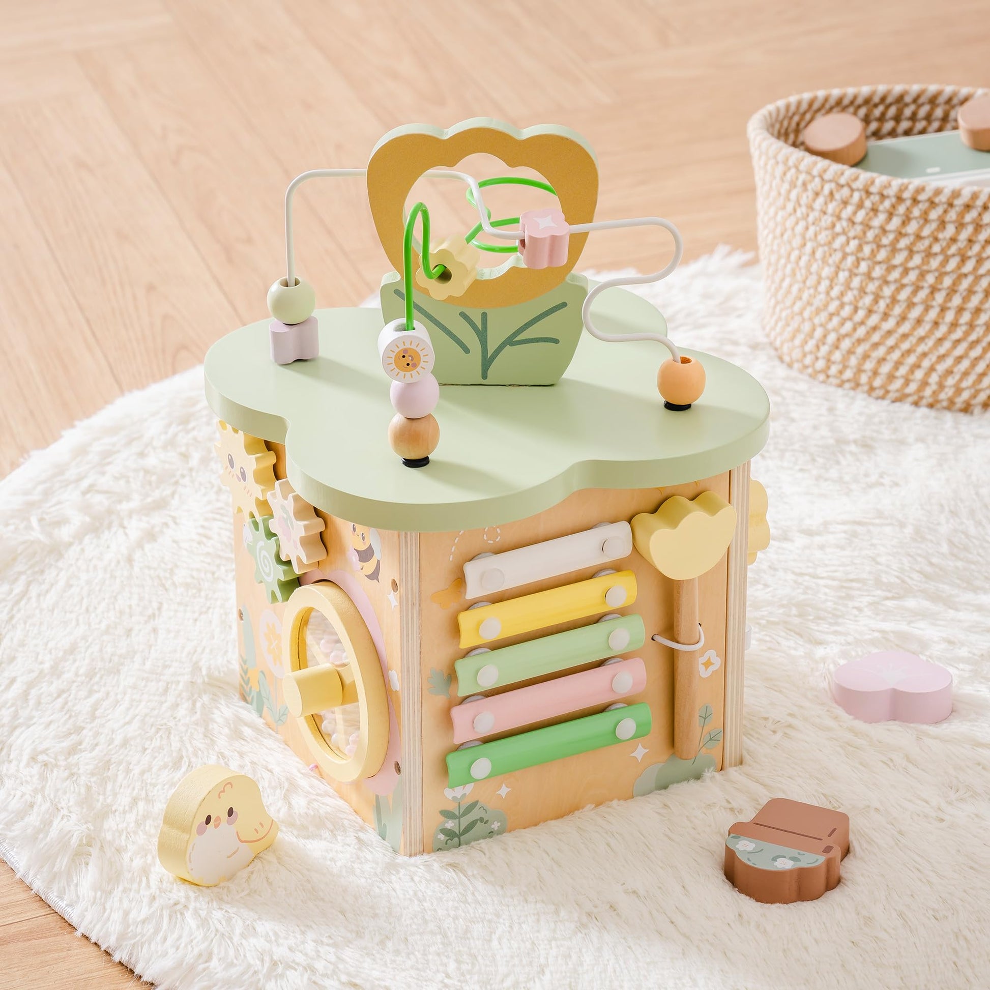 ROBUD Wooden Activity Cube, Educational Wooden Toys with 7 Functional Areas, Montessori Toys for 1+ Year Old Boys & Girls, Flower Bush Theme