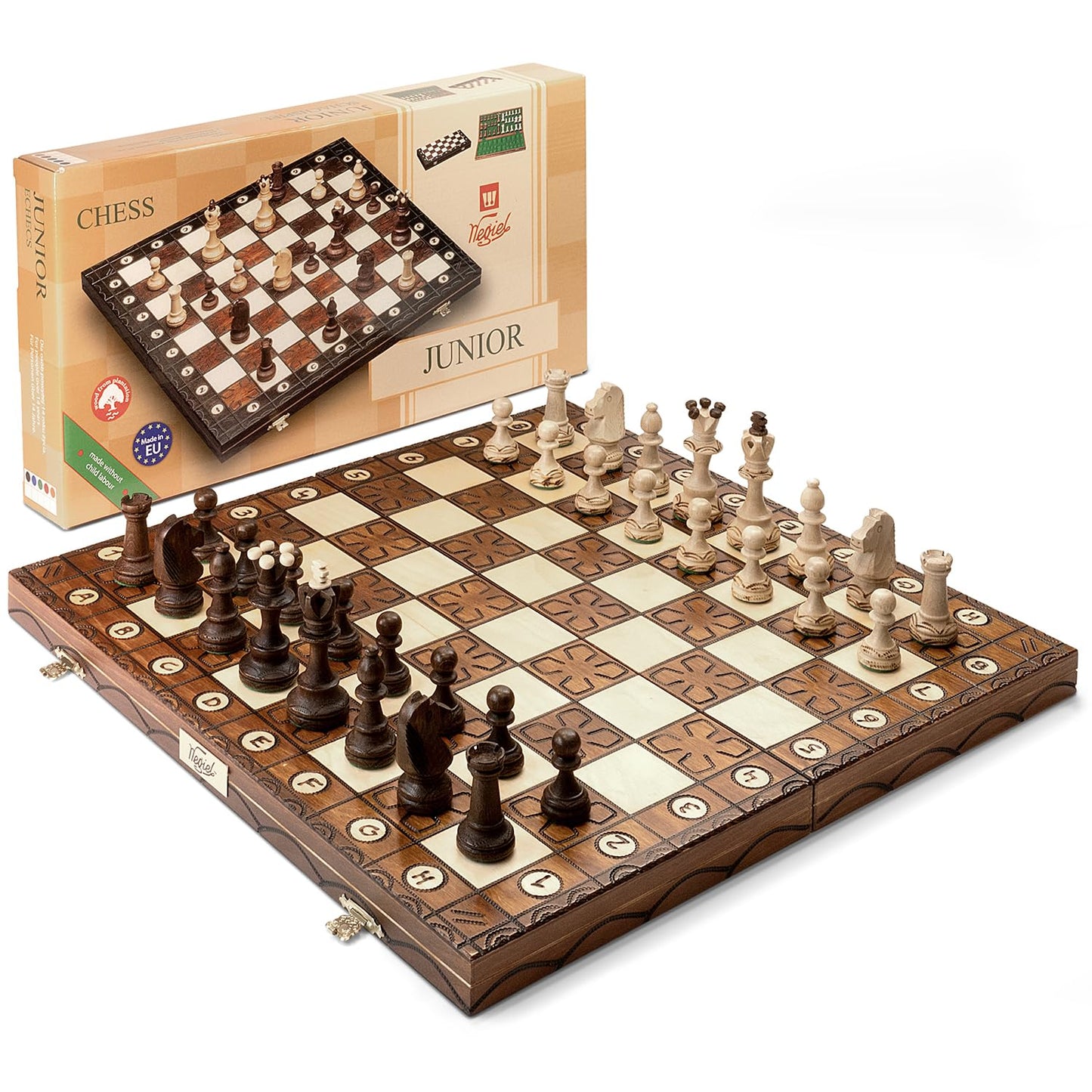 Wegiel Handmade Junior European International Chess Set - 16 Inch Luxury Wooden Chess Set for Adults and Kids, Premium Beech and Birch Wood - Unique