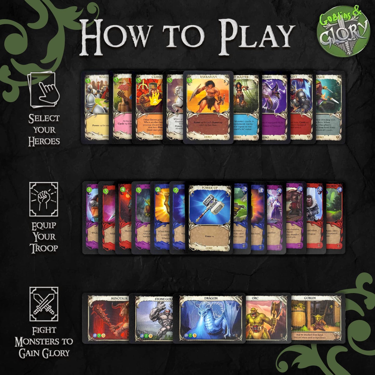 Goblins & Glory Strategy Board Game - Fantasy Deck Building Adventure with Heroes, Monsters & Quests - Fun Card Game for Adults & Teens, Ages 14+, 3-5