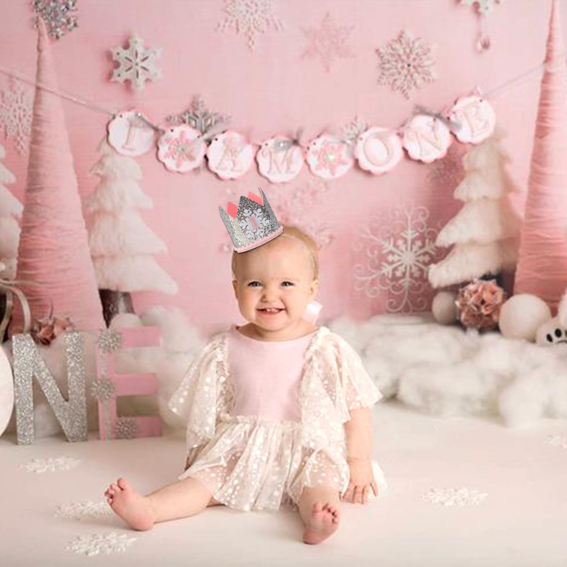MUWEOL Snowflake 1st Birthday Crown - Winter Onederland 1st Birthday Party Decorations For Baby Girls?Silver And Pink Crown