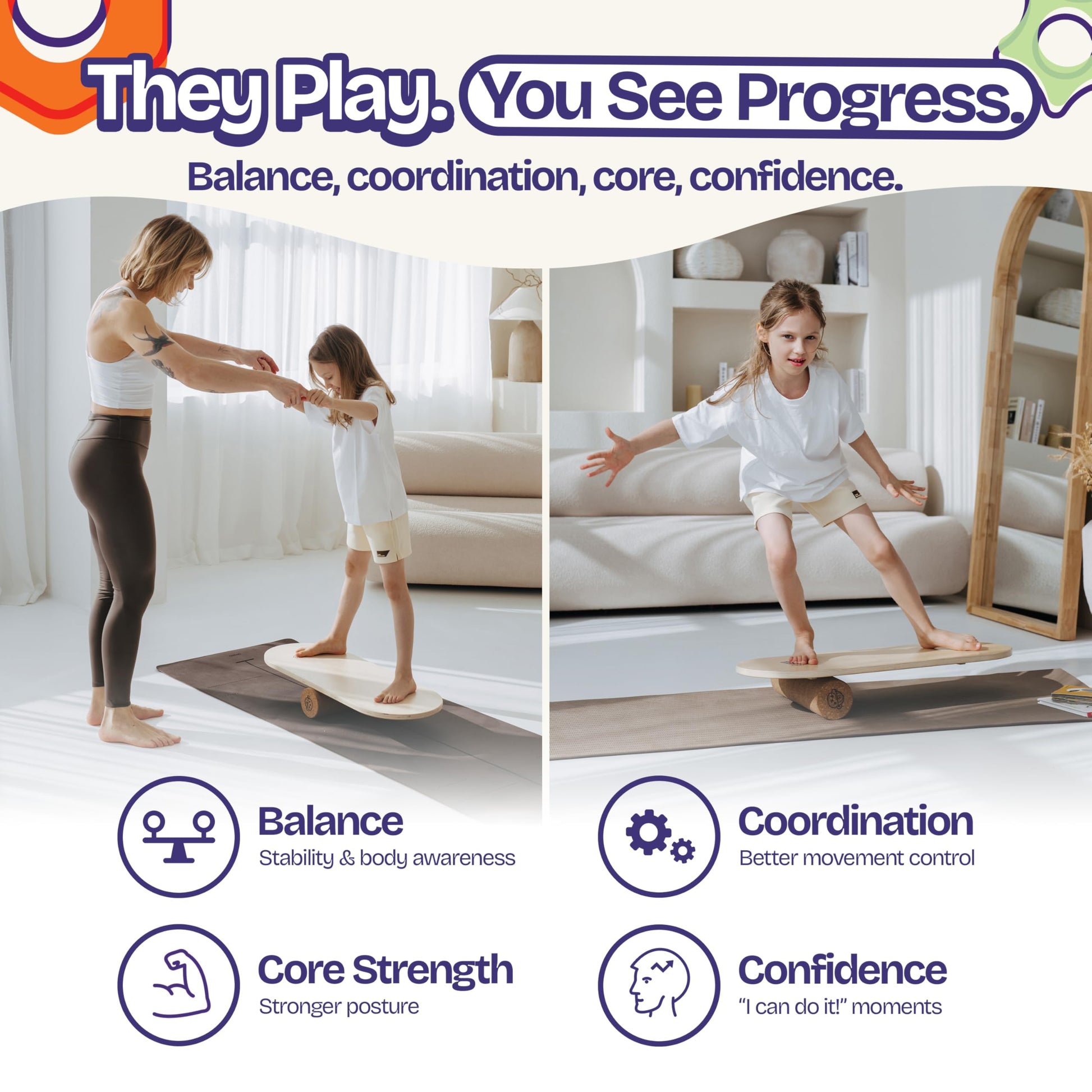 ComfyBumpy Balance Board for Kids with Cork Roller, 30" x 12" Wooden Balance Board, 4 Adjustable Levels, 400 lb Capacity, Progressive Balance Trainer