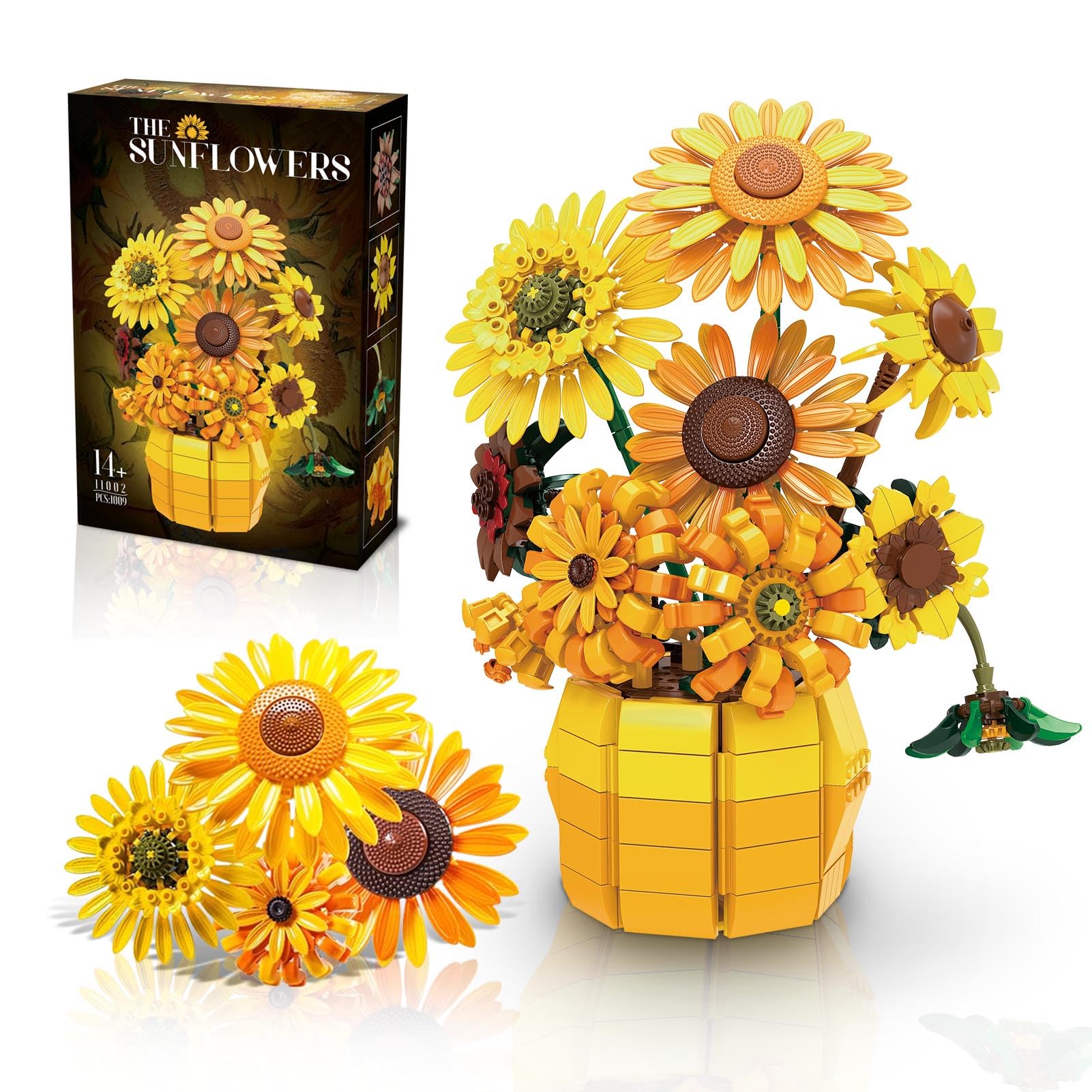 PLAYBRIX Sunflower Building Set Flowers with Vase for Adult, Compatible with Lego Flowers, 1009pcs Art Bonsai Botanical Collection for Home/Office