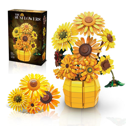 PLAYBRIX Sunflower Building Set Flowers with Vase for Adult, Compatible with Lego Flowers, 1009pcs Art Bonsai Botanical Collection for Home/Office