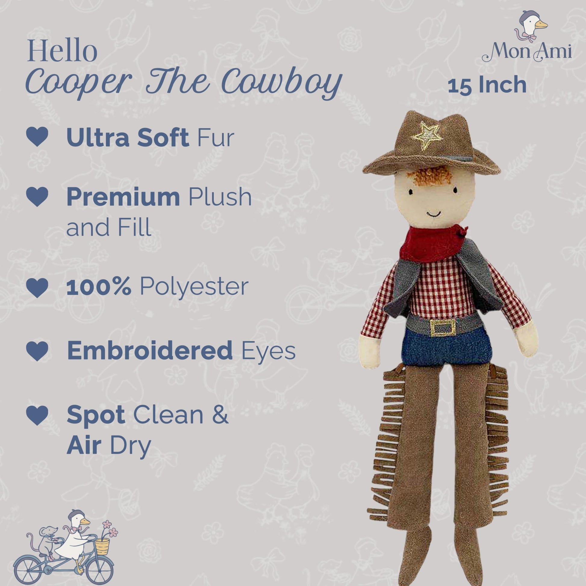 MON AMI Cooper The Cowboy Doll, 15-Inch Western Plush Stuffed Doll Gift
