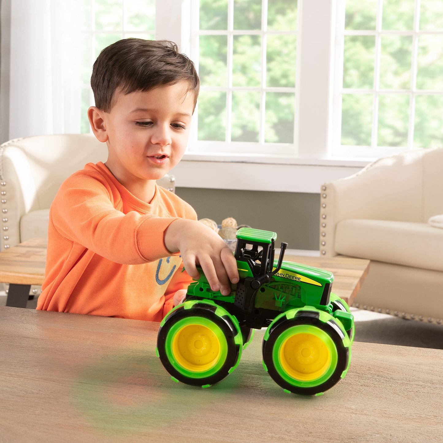 TOMY Monster Treads Lightning Wheels - John Deere Tractor - Motion Activated Light Up Monster Truck Toy - John Deere Tractor Toys with Monster Truck