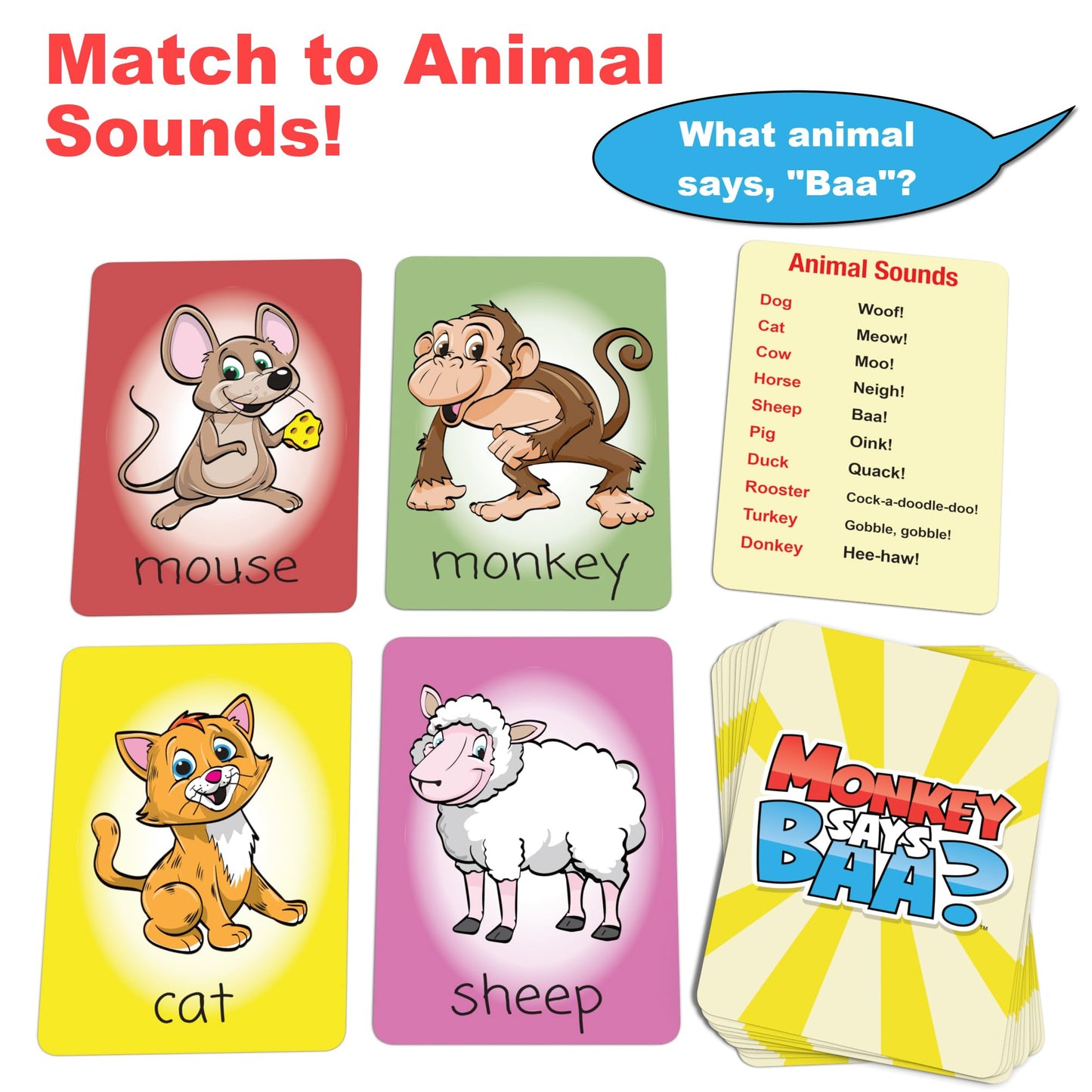 Monkey Says Baa? - Animal Matching Game for Kids Ages 4 and Up | Fun Preschool Learning Activities with Mimicked Animal Sounds & Charades for Sensory