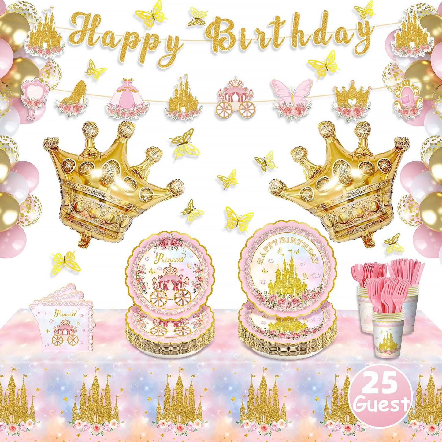 Butterfly Birthday Decorations, Birthday Decorations for Girls - 2 Big Butterfly Foil Balloons, 3D Butterfly Wall Decor, Banner, Tablecloth, Plates