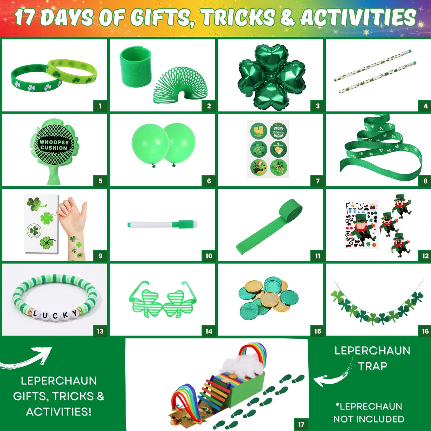 XOXO Parents Leprechaun Trap Kit with 17 Days of Gifts & Activities - St Patricks Day Countdown Tradition for Kids - 17 Daily Surprises, Tricks
