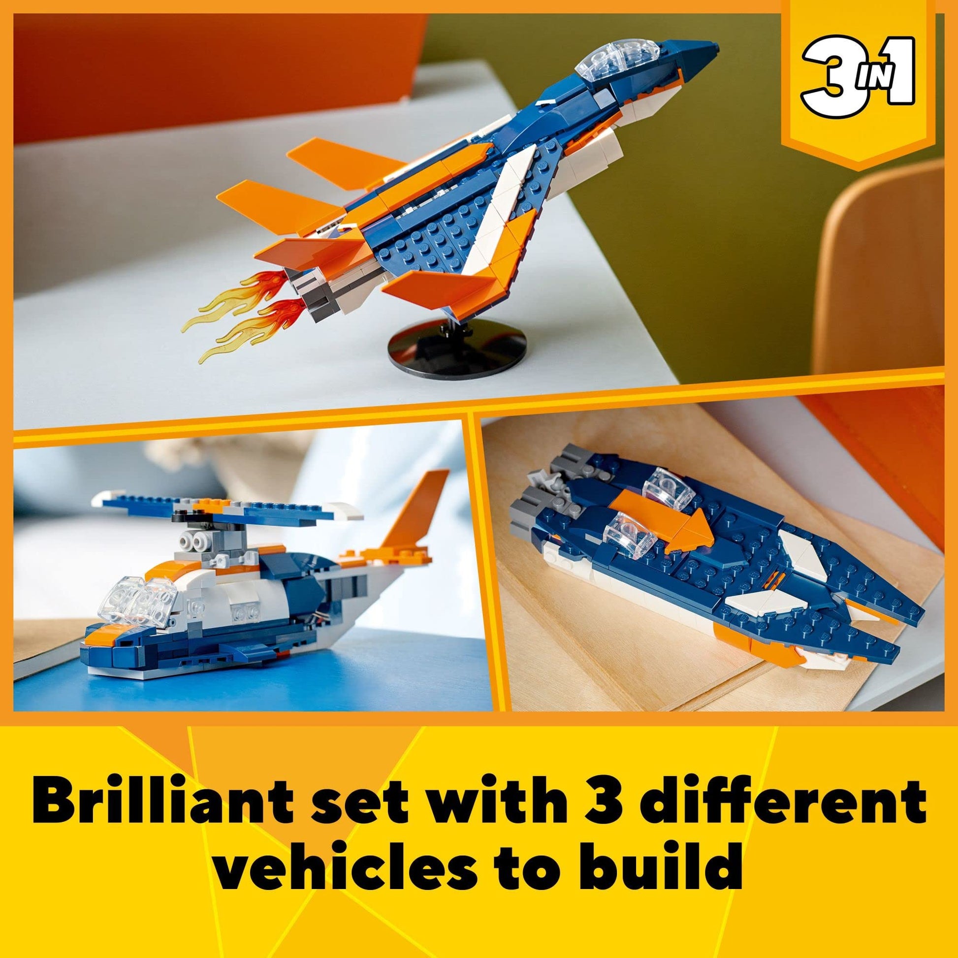 LEGO Creator 3 in 1 Supersonic Jet Plane Toy Set, Transforms from Plane to Helicopter to Speed Boat Toy, Buildable Vehicle Models for Kids, Boys