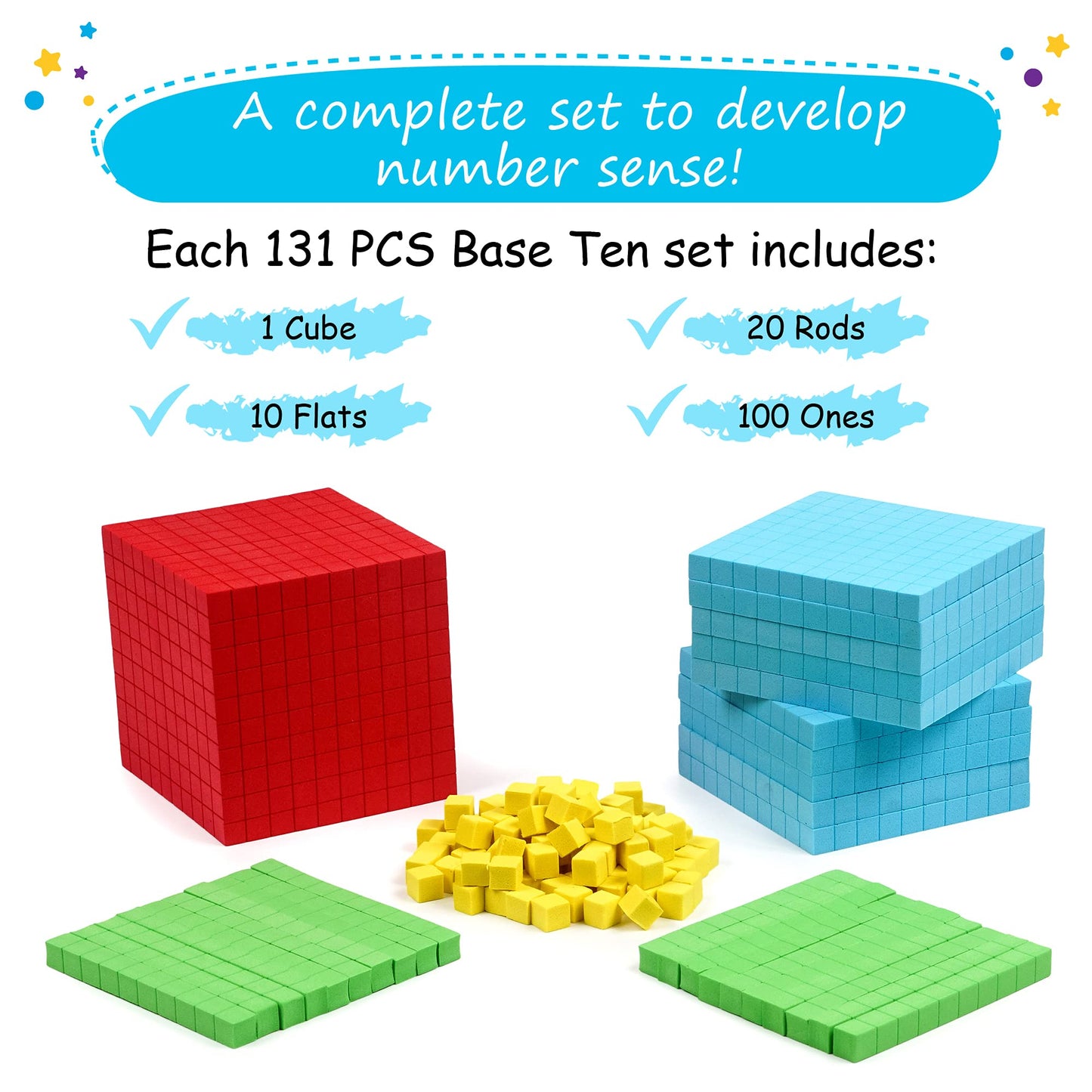 Simply magic 131 PCS Foam Base Ten Blocks for Math - Place Value Blocks, Base 10 Math Manipulatives K-3, Math Counters, Number Blocks, Math Cubes