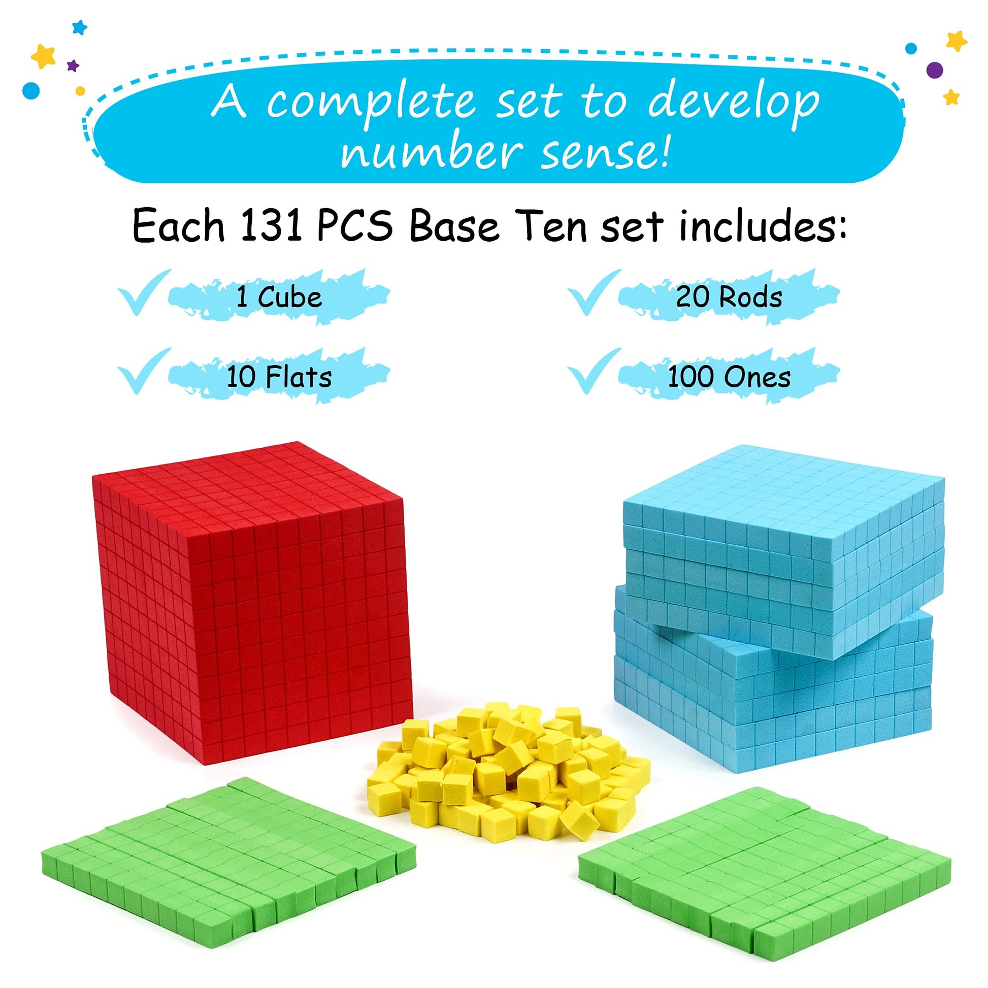 Simply magic 131 PCS Foam Base Ten Blocks for Math - Place Value Blocks, Base 10 Math Manipulatives K-3, Math Counters, Number Blocks, Math Cubes