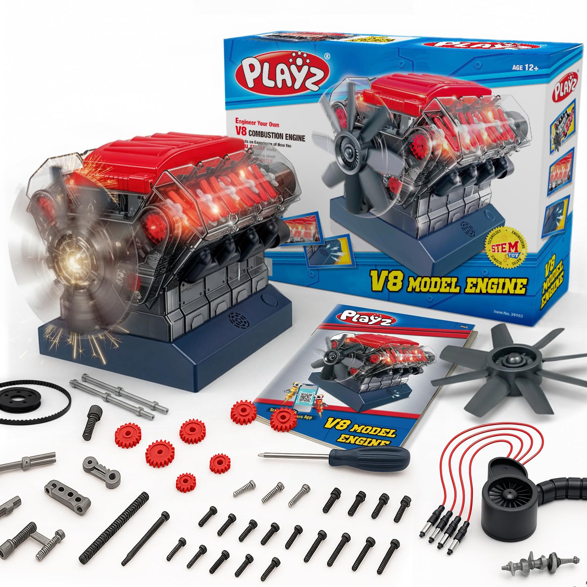 Playz V8 Combustion Engine Model Kit that Runs - Build Your Own STEM Mini V8 Model Engine Kit for Adults & Kids Age 12+, Visible V8 Mini Engine Kit